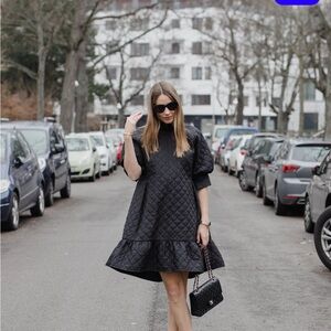 Black Quilted Puff Sleeve Dress